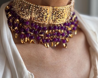 Heritage Pipal Patti Necklace Set with Earrings & Tikka, Gold Plated Pearls Stone Beads Indian Wedding Jewelry Bridal Set