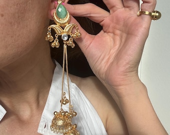 Kashmiri Kundan Jhumkis Earrings, Lightweight Traditional Festive Ethnic Jewelry with Stones, Indian Statement Jhumka Earrings