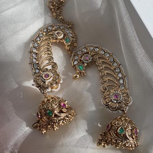 Pachi Kundan Polki Kaanphool Earcuff Earrings with Sahara, Ruby Emerald AD Stone Pearl Jhumka, Indian Bridal Mughal Style Jewelry