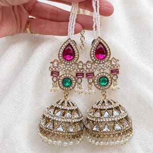 Kundan Jhumka Earrings with Pearls, Ruby Emerald Green Indian Bridal Earrings, Gold Tone Statement Earrings, Wedding Bollywood Jewelry
