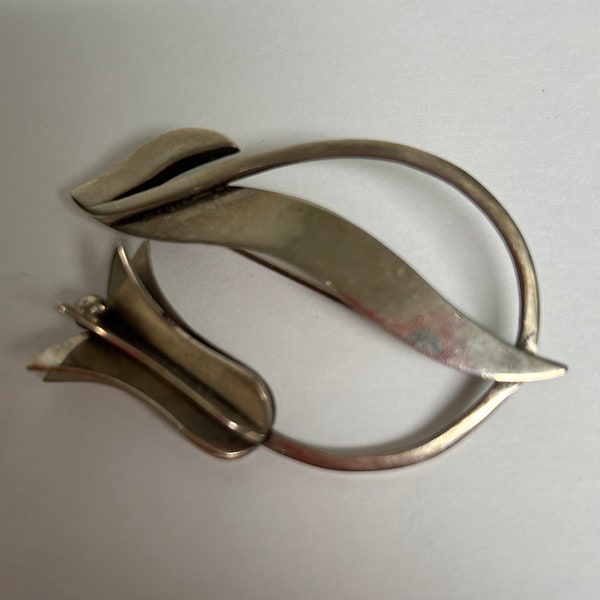 Vintage Mexican Sterling Modernist Tulip Flower Brooch, Signed DF - FREE SHIPPING