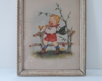 Vintage Marion Bradford Hughes Picture Illustration Blonde Haired Child Blowing Horn