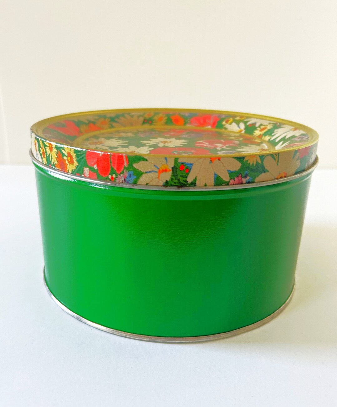 Vintage Storage Container Tin Green Floral Etsy