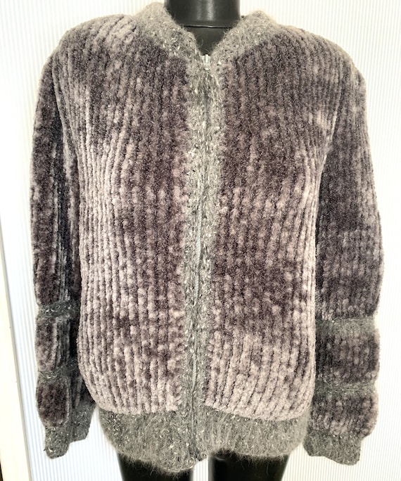 Vintage Handmade Sweater Gray Chenille Zip Up Fron