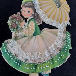 Vintage Girl Picture on Black Velveteen Background Green dress