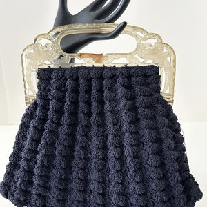 Vintage Art Deco Navy Crocheted Popcorn Purse Handbag Celluloid Handle