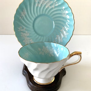 Vintage Aynsley Cup and Saucer Turquoise White Rose Floral Chintz Pattern 2247