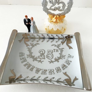 Vintage 25th Silver Anniversary Plate Cake Topper and Figurine 3 Pieces