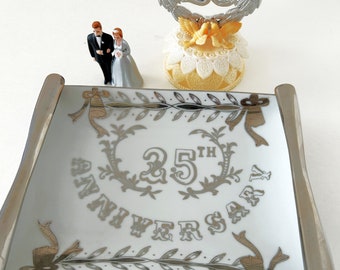 Vintage 25th Silver Anniversary Plate Cake Topper and Figurine 3 Pieces