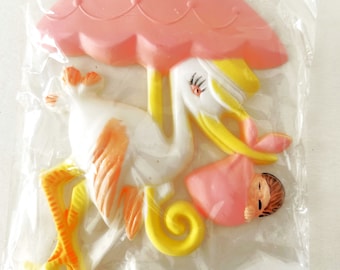 Vintage Stork and Baby Cake Topper Decoration Pink