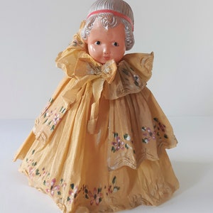Vintage Antique Celluloid Doll with Crepe Paper Dress and Cape