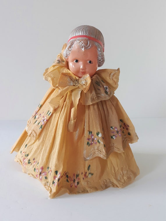 Vintage Antique Celluloid Doll With Crepe Paper Dress and