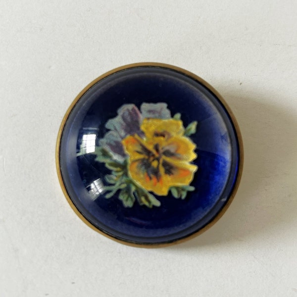 Vintage Horse Bridal Rosette Pin Yellow Pansy Royal Blue Background