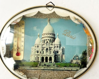 Vintage Paris Sacred Heart Religious Medallion Domed Frame with Temperature Gauge