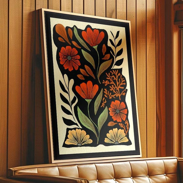 Mid-Century Modern Floral Print – Boho Folk Botanical Wall Art