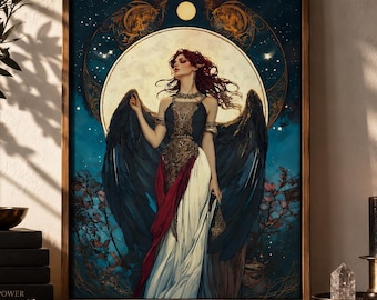 May include: A framed wall art print featuring a winged figure with long red hair, wearing a dark bodice and a flowing white and red skirt. The figure stands before a large, glowing full moon against a dark blue starry sky with ornate gold accents.
