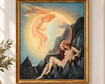 The Sleeping Earth and Wakening Moon by Evelyn De Morgan, Pre Raphaelite Art Print, Celestial Moon Wall Decor