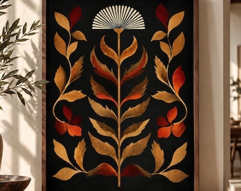 Art Nouveau Botanical Wall Art, Moody Floral Print, Gilded Folk Flower Decor, Black Gold Artwork