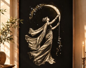 Moon Goddess Wall Art, Celestial Lunar Print, Witchy Feminine Decor