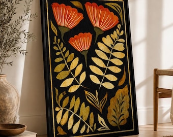 Mid Century Modern Folk Floral Print, Retro Botanical Wall Art
