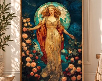 Gaia Mother Earth Print, Art Nouveau Goddess Wall Art, Divine Feminine Botanical Decor