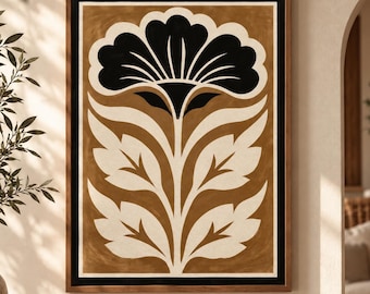 Folk Art Floral Print, Ochre Botanical Wall Art, Arts and Crafts Flower Decor, Organic Modern Artwork