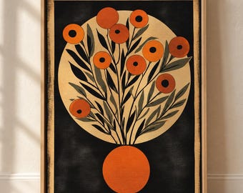 Può includere: Una stampa d'arte incorniciata con sfondo nero e un grande cerchio beige contenente un bouquet di fiori arancioni con centri scuri e foglie verde scuro, sopra una forma di vaso circolare di colore arancione.