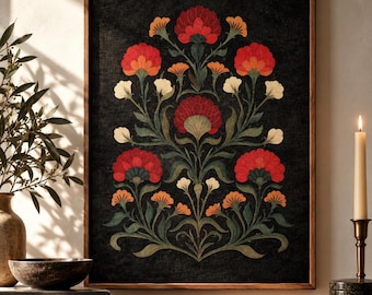 Vintage Folk Floral Print, Embroidered Botanical Art, Dark Heritage Wall Decor