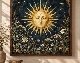Celestial Sun Wall Art, Golden Sun Print, Botanical Sun Decor, Mystical Wall Art, Dark Blue Celestial Art
