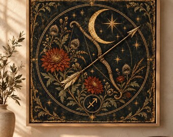 Sagittarius Wall Art, Zodiac Print, Celestial Bow & Arrow, Antique Botanical Decor, Astrology Gift