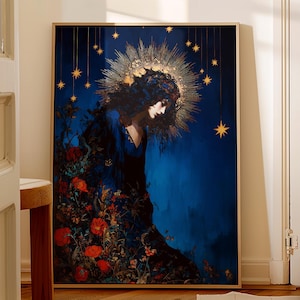 Moon Goddess Halo Print – Mystical Divine Feminine Art Nouveau Artwork, Celestial Goddesses, Ethereal Starry Night Sky, Spiritual Home Decor