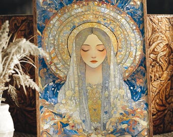 Mother Mary Wall Art, Our Lady of Wisdom Print, Catholic Madonna Art Nouveau Canvas