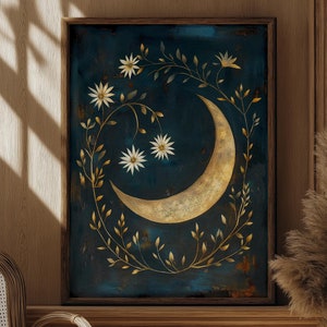 Moon Folk Art Painting | Botanical Celestial Wall Art | Autumn Rustic Home Decor | Fine Art Print or Canvas | Farmhouse Style