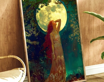Moon Goddess Wall Art Print, Divine Feminine Lunar Decor, Mystical Woman Artwork
