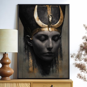 Hathor Egyptian Goddess Print - Divine Feminine Wall Art, Spiritual Protection Artwork, Egyptian Mythology Decor, Sacred Goddess Portrait