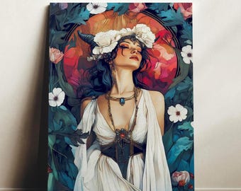 Lilith Wall Art, Dark Feminine Goddess Print, Art Nouveau Floral Decor