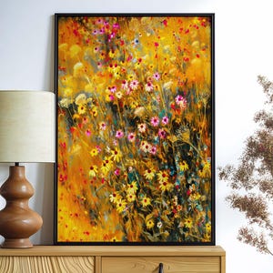 Golden Wildflower Meadow Art Print – Glowing Field Wall Art, Vibrant Botanical Canvas, Sun-Drenched Floral Landscape Painting