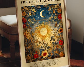 Sun and Moon Wall Art – Celestial Botanical Print, Vintage Astrology Garden Poster