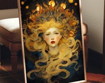 Sun Goddess Wall Art, Divine Feminine Print, Celestial Spiritual Decor, Golden Goddess Art