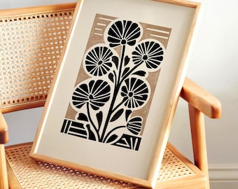 Stampa botanica in stile Mid-Century Modern, arte murale folk scandinava, decorazione floreale grafica neutra