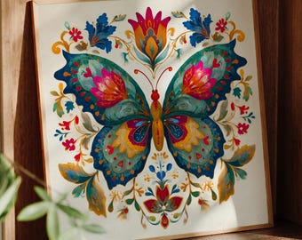 Folk Art Butterfly Wall Art, Colorful Botanical Print, Boho Floral Decor