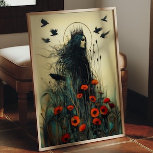 Morrigan Goddess Wall Art – Celtic Raven Goddess Print, Dark Feminine Witch Decor