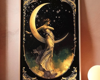 Art Nouveau Celestial Woman Print | Gold Black Moon Goddess Spiritual Wall Art