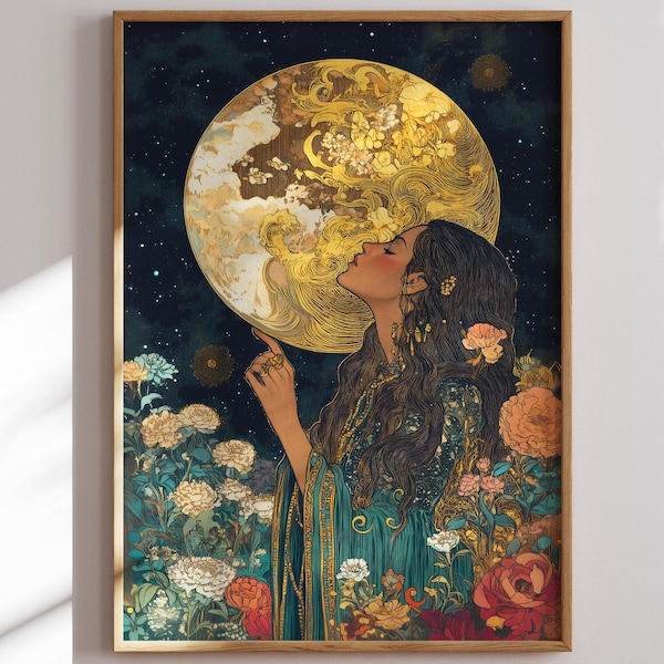 Selene Art Nouveau Print, Greek Mythology Moon Maiden, Celestial Feminine Home Decor