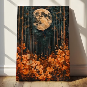 Stampa botanica scura con luna piena e foresta autunnale / Decorazione murale con luna e foglie arancioni / Arte dei boschi con notte celeste / Arte al chiaro di luna per spazi accoglienti