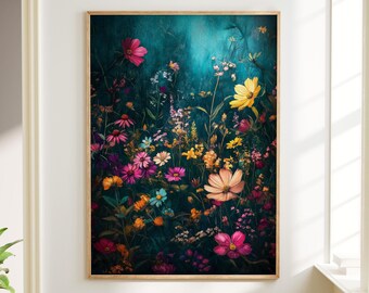 Moody Wildflower Wall Art, Vintage Botanical Meadow Print, Dark Floral Decor
