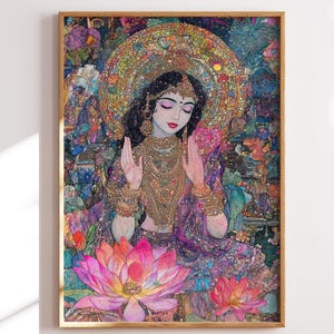 Lakshmi Goddess Wall Art – Hindu Prosperity Deity Gold Lotus Print