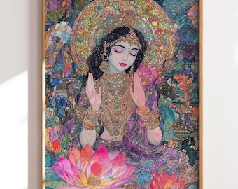Lakshmi Goddess Wall Art – Hindu Prosperity Deity Gold Lotus Print
