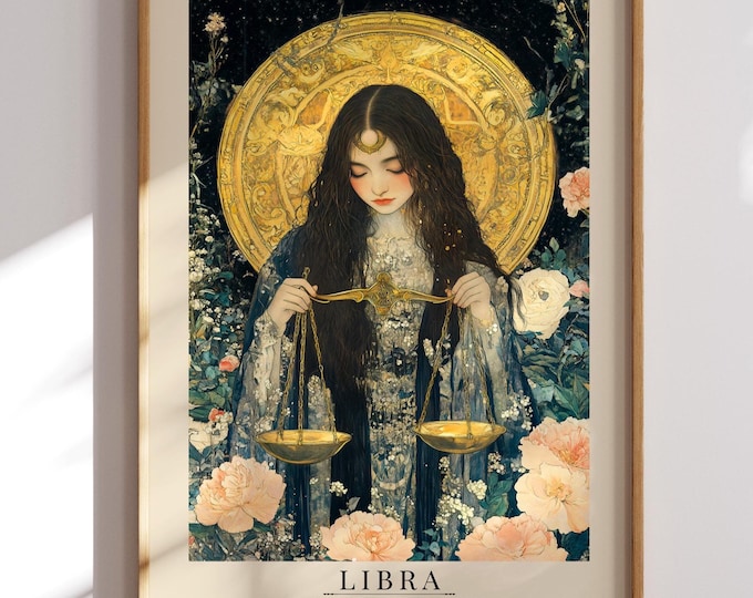 Libra Zodiac Goddess Art Nouveau Print: Celestial Astrology Home Decor