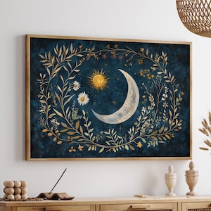 Botanical Crescent Moon Painting - Floral Moon Wreath Wall Art, Celestial Nature Print for Modern Farmhouse, Folk Art Sun and Moon Canvas